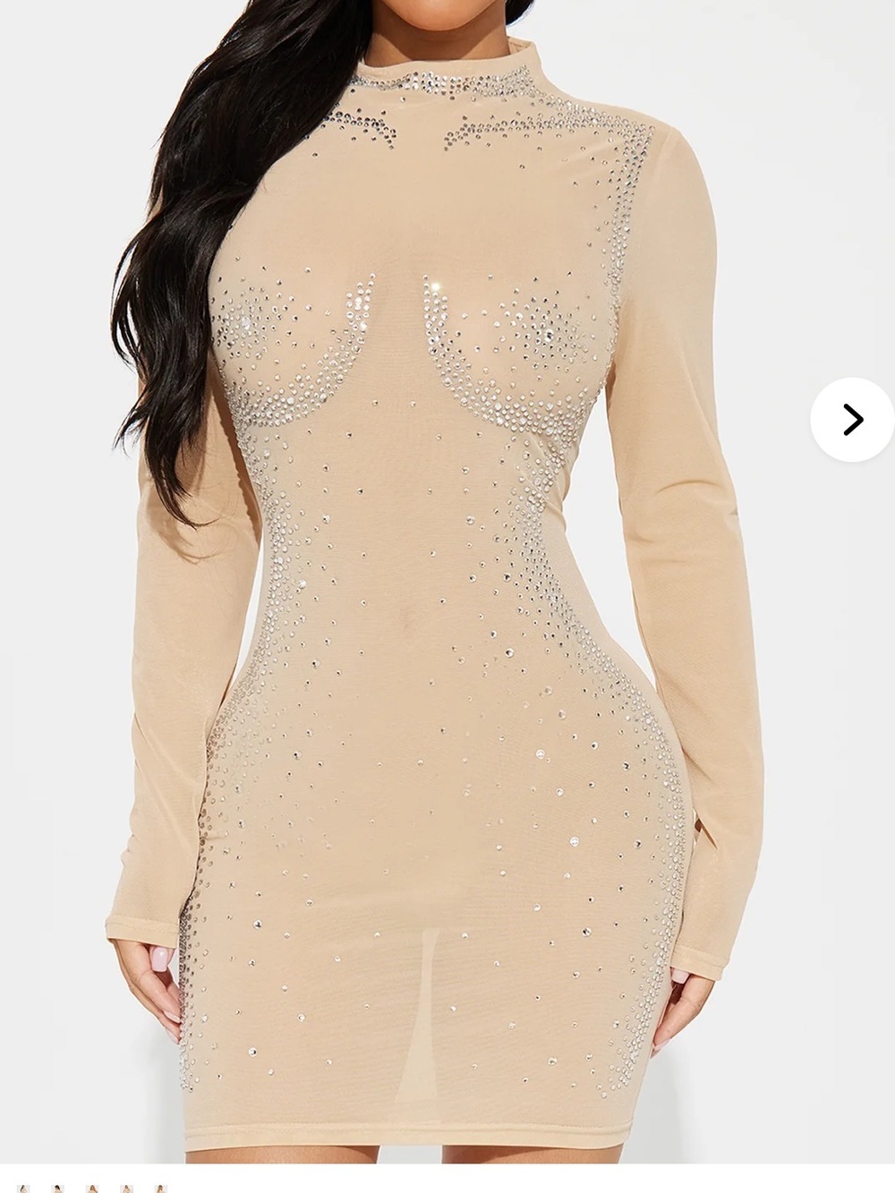 Fashion Nova Nude Long Sleeve Rhinestone Sheer Bodycon Dress